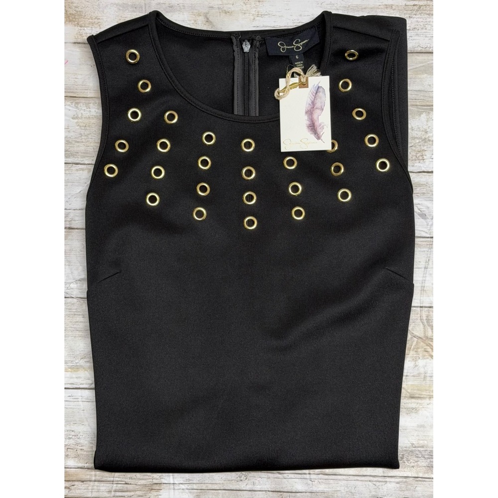 Jessica Simpson Womens Black Grommet Sheath Dress Gold Sleeveless Size 6